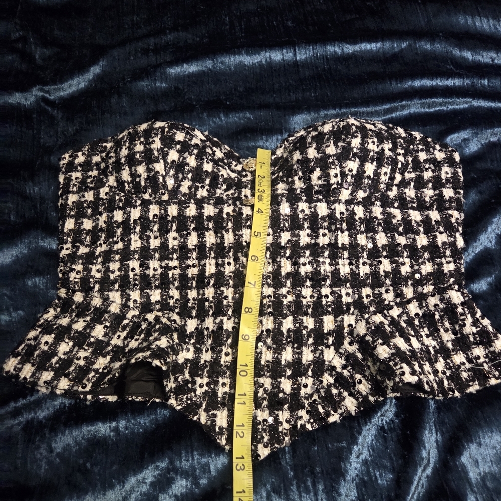 Strapless Houndstooth Black & White Sweetheart Bustier Peplum Top Slight Sequin - Picture 6 of 7